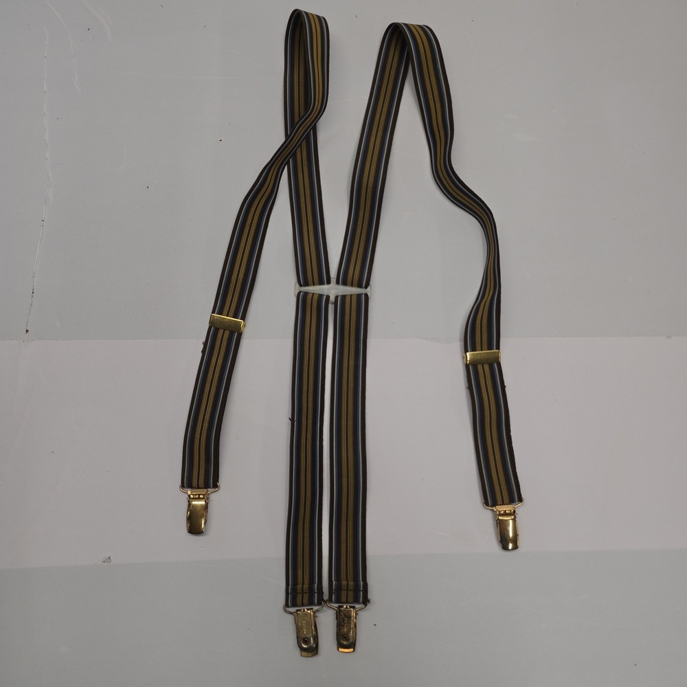 Vintage Mens Striped Suspenders Brown Blue Gold Tone Adjustable Clip On Braces